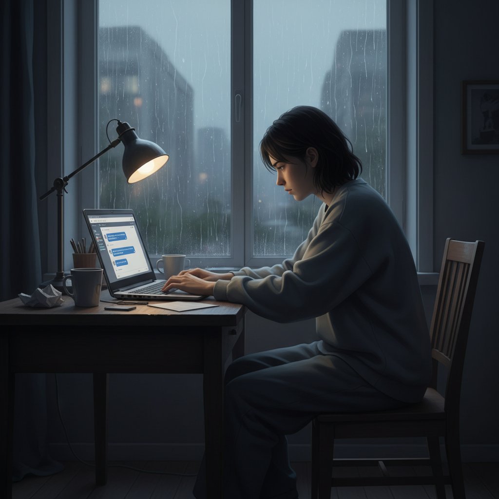 Samotna postać, patrząca w okno przy przygaszonym świetle, na tle monitora z otwartym czatem, poczucie pustki online