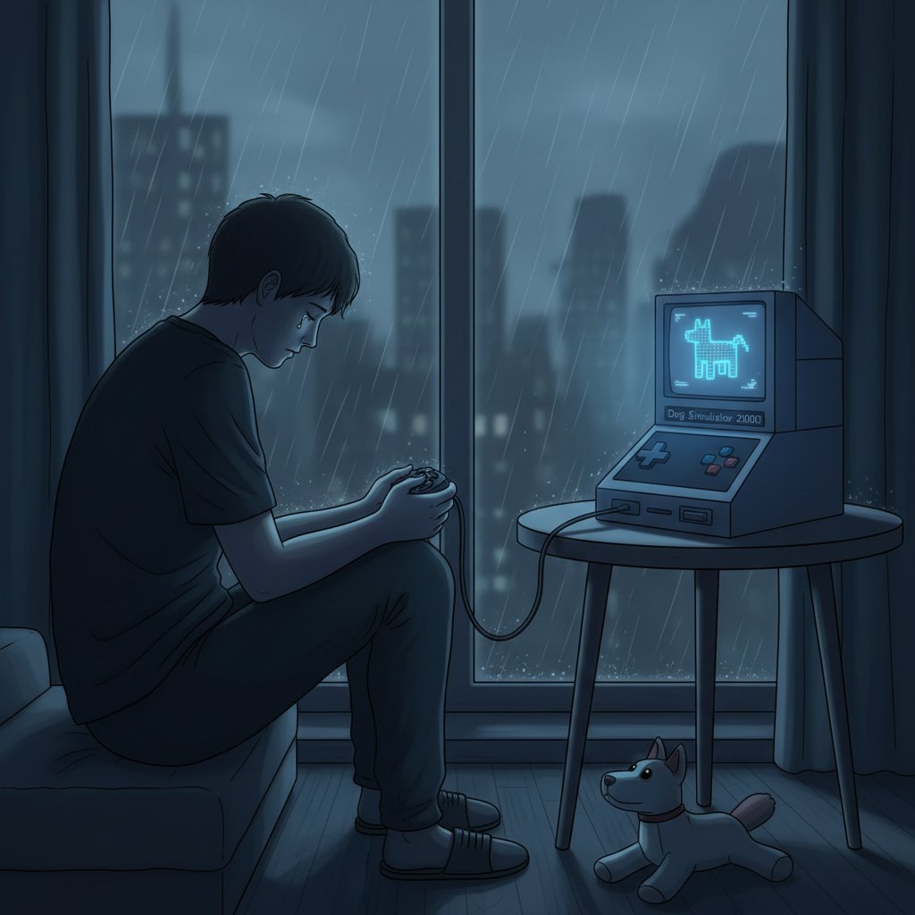 Osoba siedząca samotnie przy oknie z laptopem, na ekranie wirtualny pies, nastrój melancholii