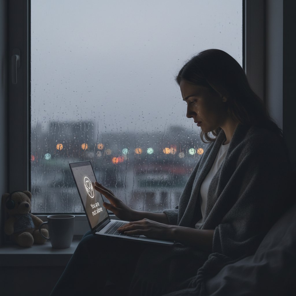 Samotna osoba siedząca przy oknie, widoczny ekran laptopa z komunikatorem; wsparcie emocjonalne online, samotność
