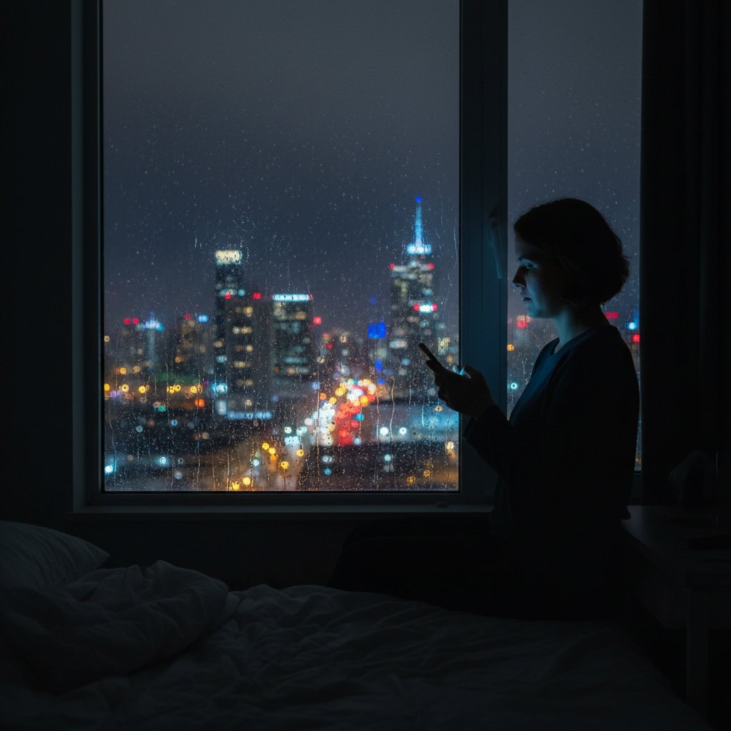 Osoba siedząca samotnie przy oknie nocą, światła miasta w tle, ekran smartfona oświetlający twarz - obraz oddający samotność w kwarantannie