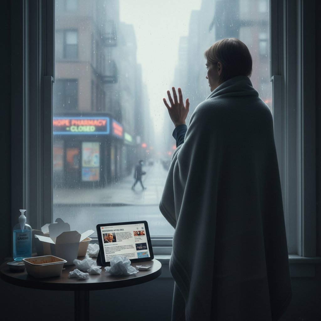 Samotna osoba spoglądająca przez okno, symbol wpływu pandemii i inflacji na zdrowie psychiczne