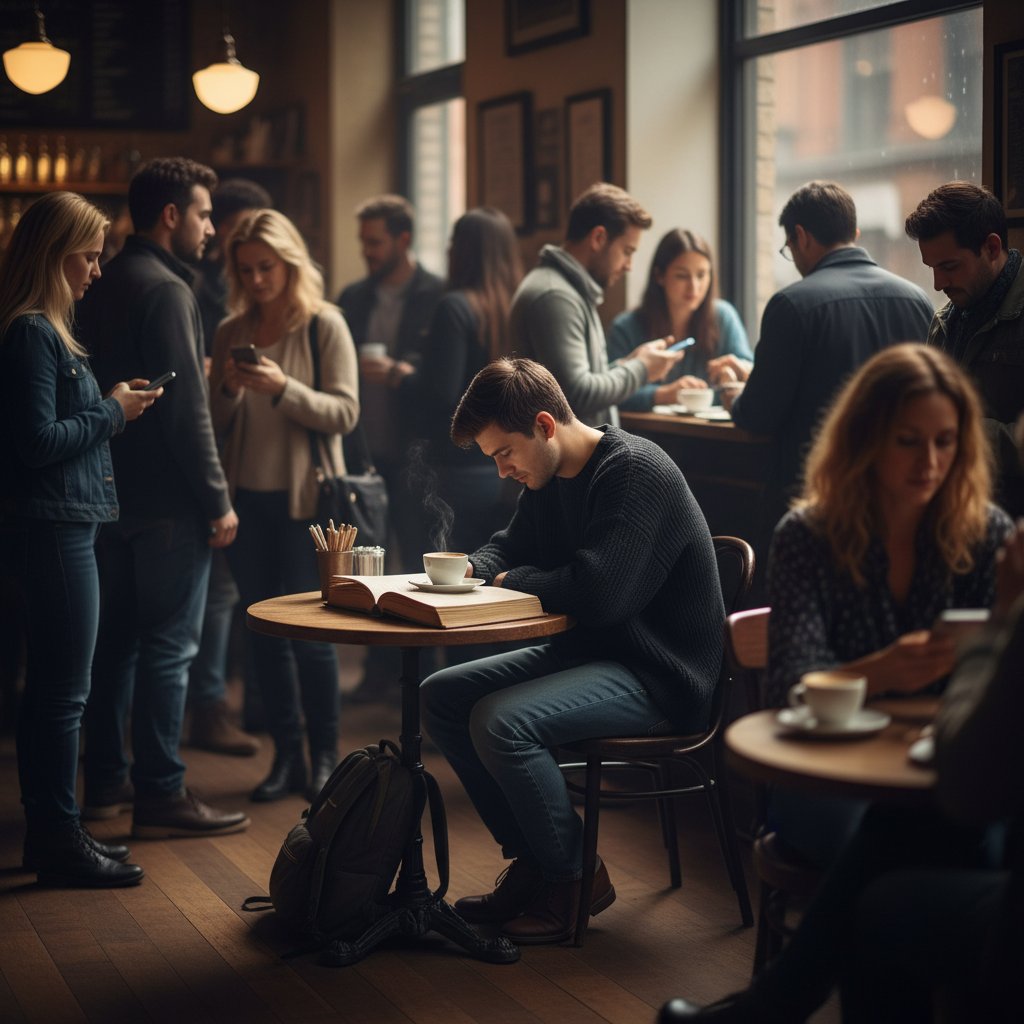 Osoba samotna w tłumie, symbolizująca przymusową izolację
