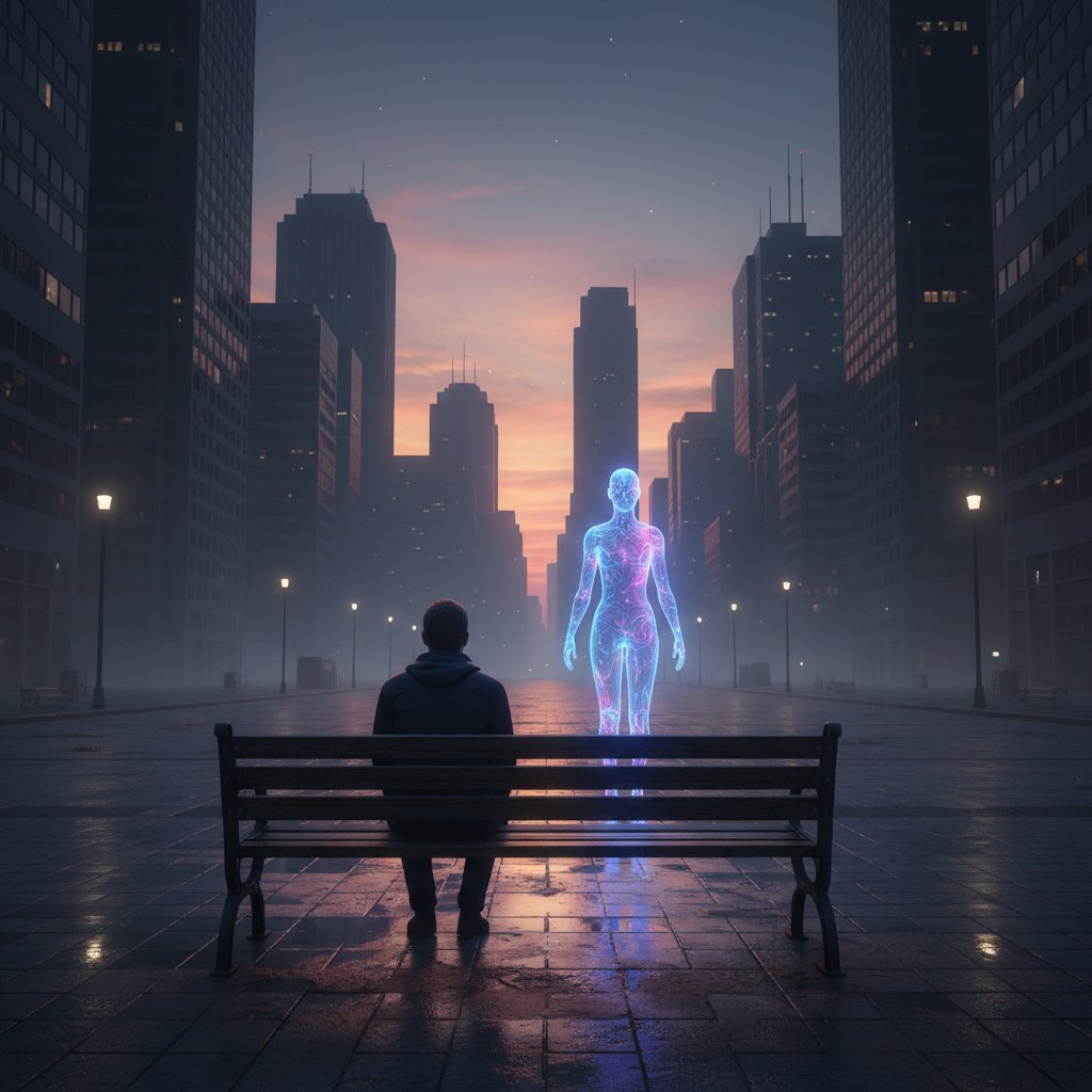 Samotna osoba z awatarem AI na ławce, pusty plac o zmierzchu – samotność, relacje cyfrowe