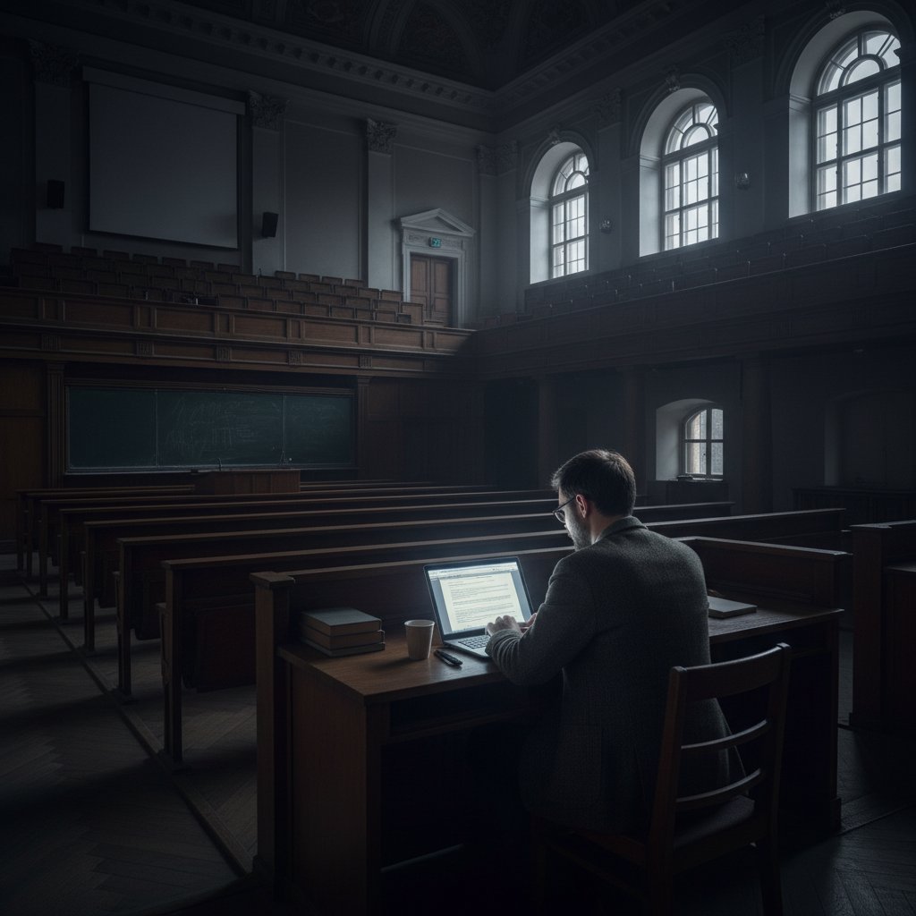 Samotny polski naukowiec w pustej sali wykładowej, ciemne cienie, wieczorna izolacja