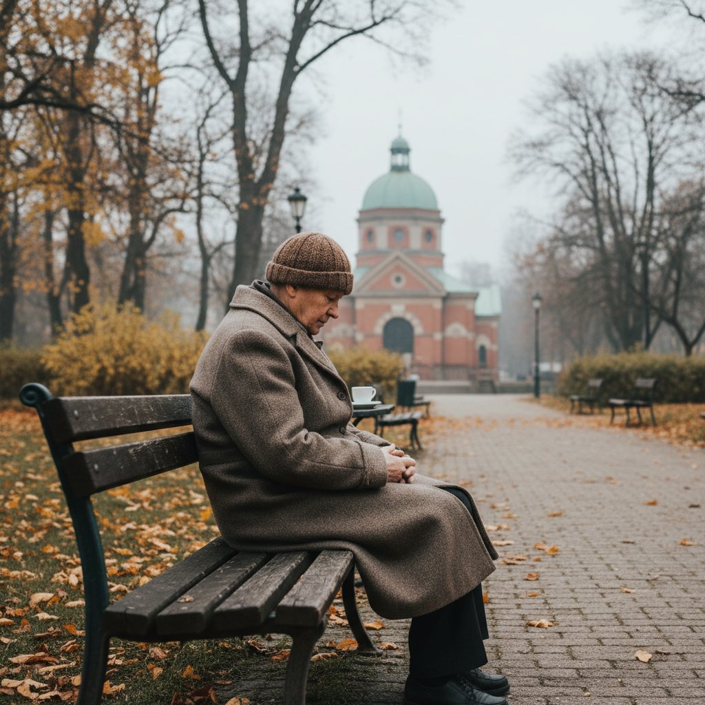Starsza osoba samotnie siedzi na ławce w parku, obrazująca samotność seniorów w Polsce