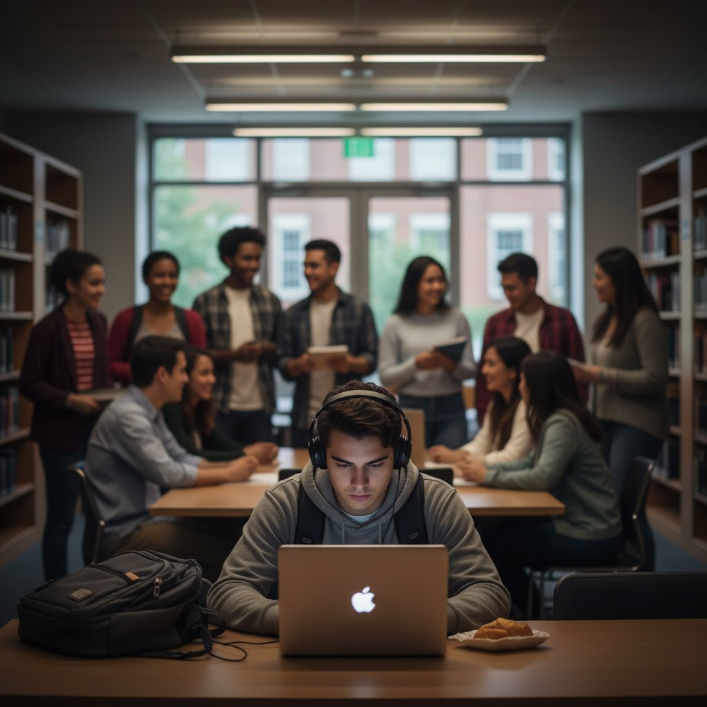 Samotny uczeń przy komputerze na tle dużej grupy, atmosfera izolacji podczas nauki