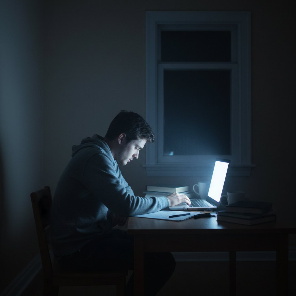 Samotny uczeń siedzący przy biurku w ciemnym pokoju, laptop świeci zimnym światłem