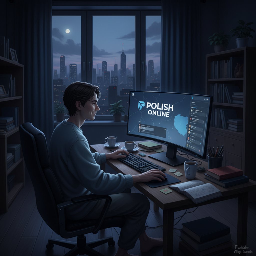 Samotny uczeń przy biurku, ekran komputera oświetla twarz – kontrast między wolnością a izolacją w polskim gimnazjum online