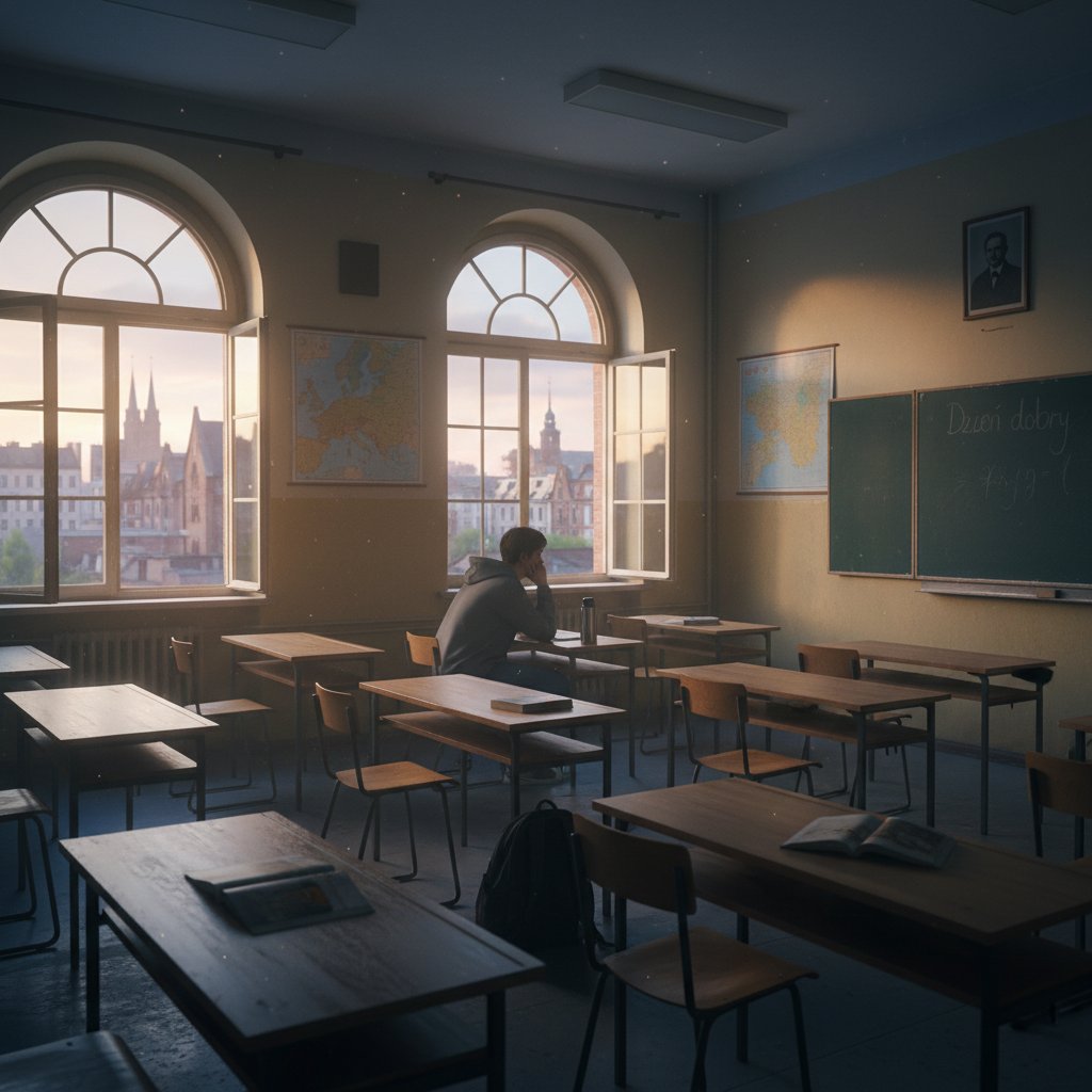 Samotny uczeń w pustej klasie o zmierzchu – symbol niezależności