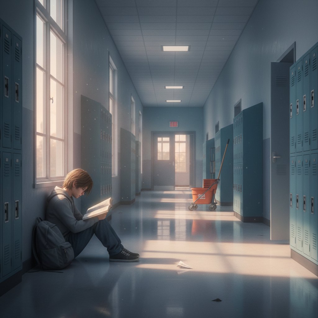 Grupa uczniów na korytarzu szkolnym, jedna osoba stoi z boku z wyraźnym poczuciem wyobcowania, silny kontrast światła i cieni