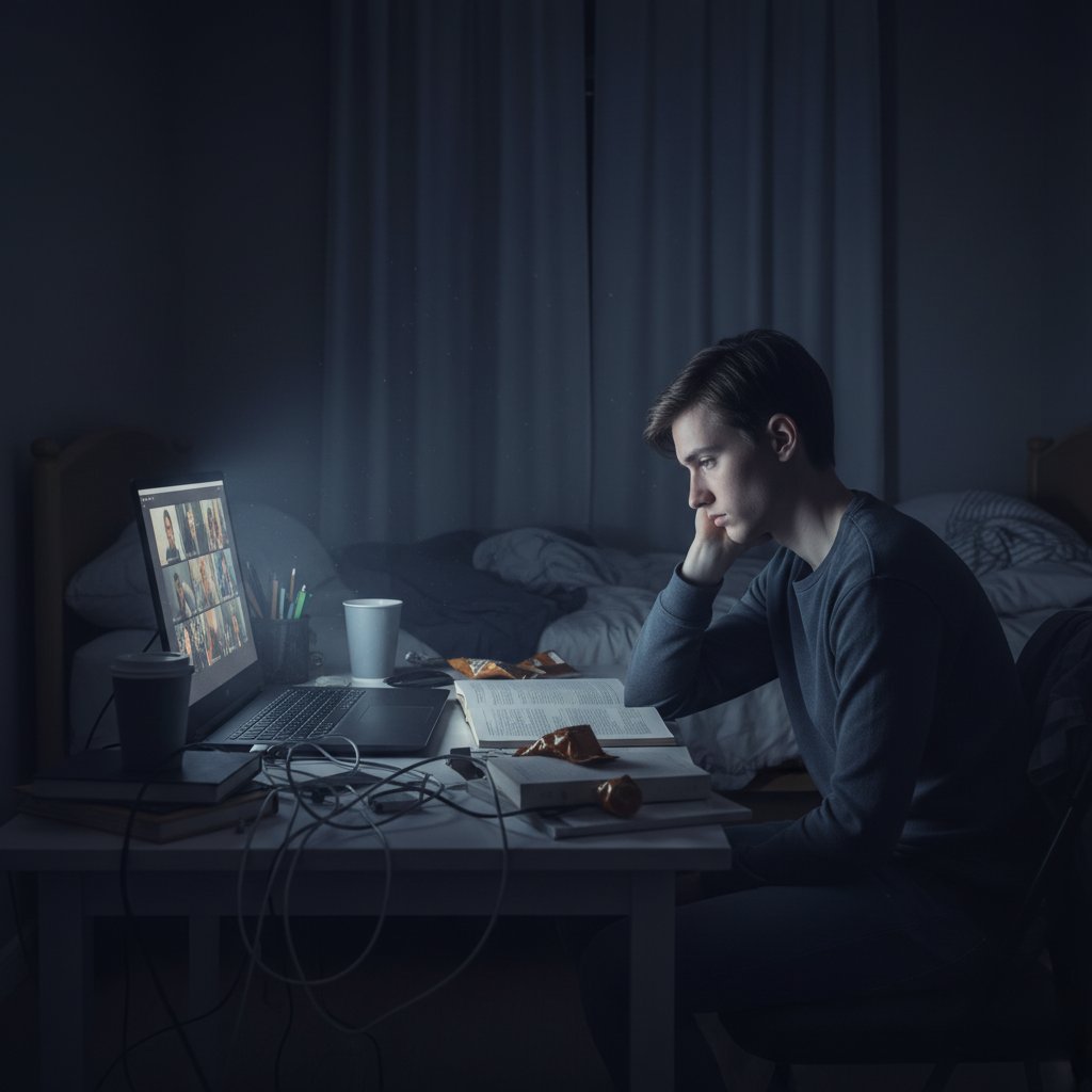 Samotny uczeń przy komputerze, znużony nauką online w ciemnym pokoju