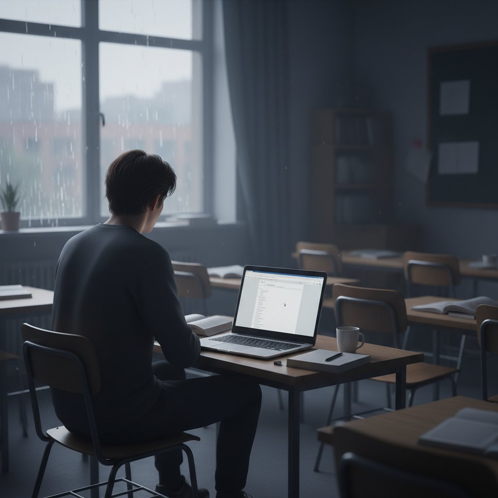 Samotny uczeń patrzący przez okno w klasie z komputerem na ławce