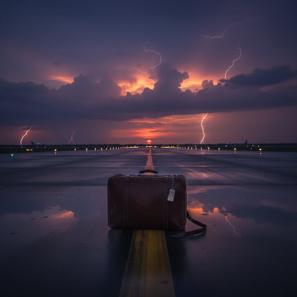 Walizka samotnie stojąca na pustym pasie startowym – symbol utraconych odszkodowań i walki o prawa pasażera