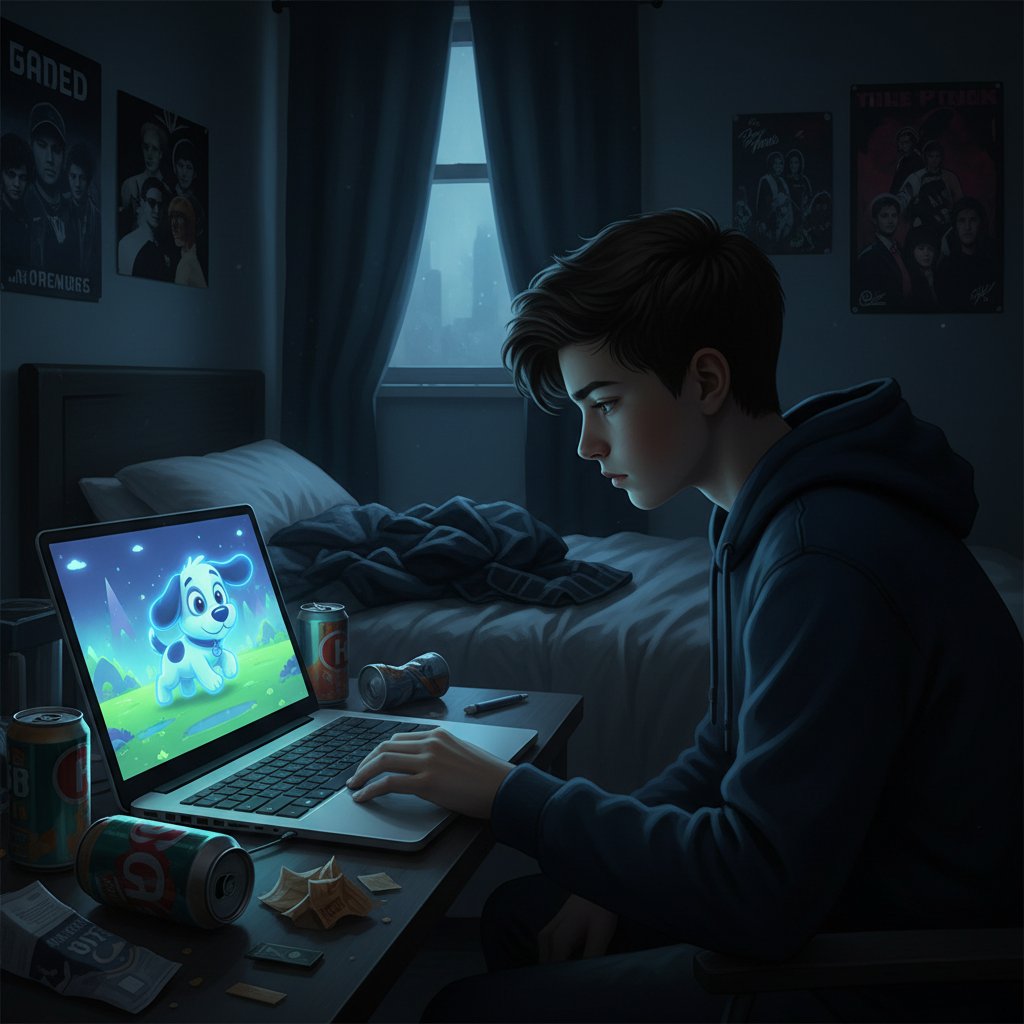 Samotna nastolatka patrzy w ekran laptopa, na którym pojawia się wirtualny piesek, ciemne pomieszczenie, światło ekranu