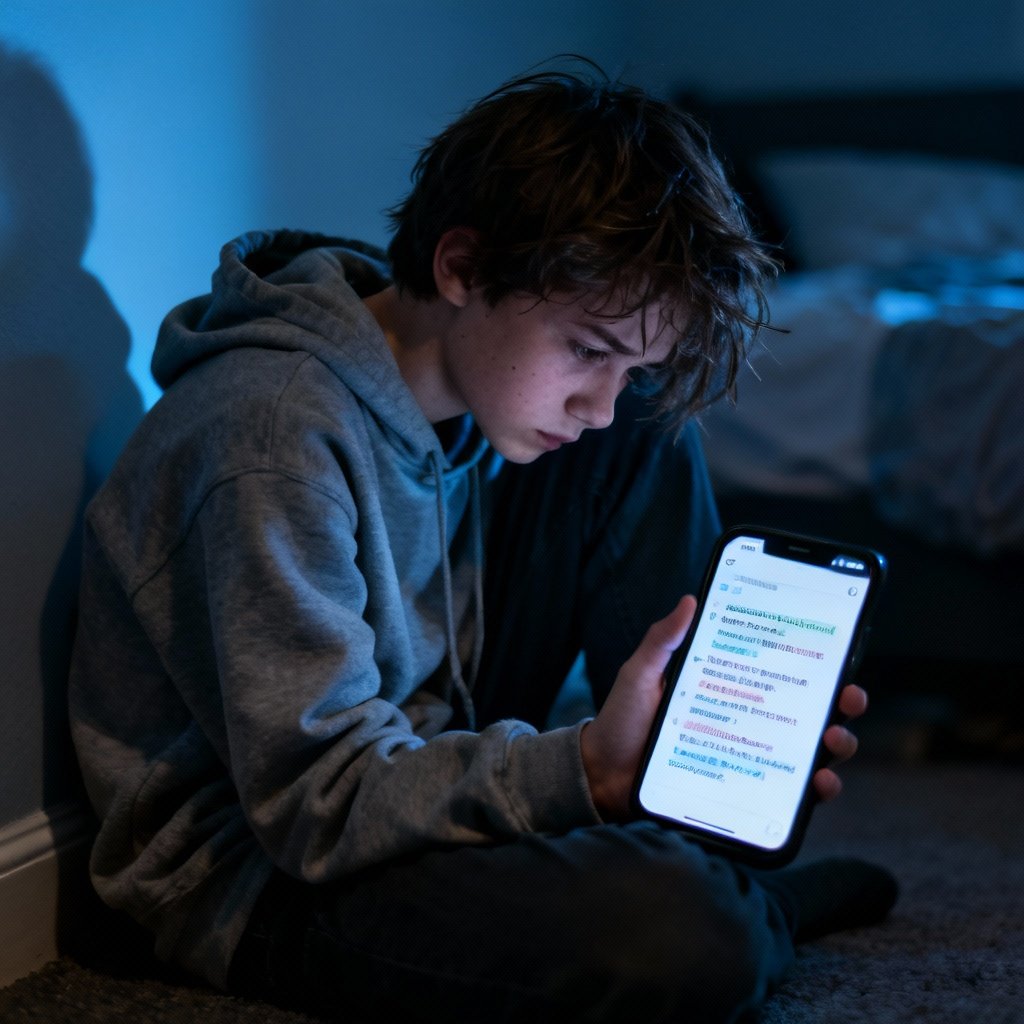 Nastolatek samotny z telefonem, zamyślony, cyberprzemoc, mroczna atmosfera