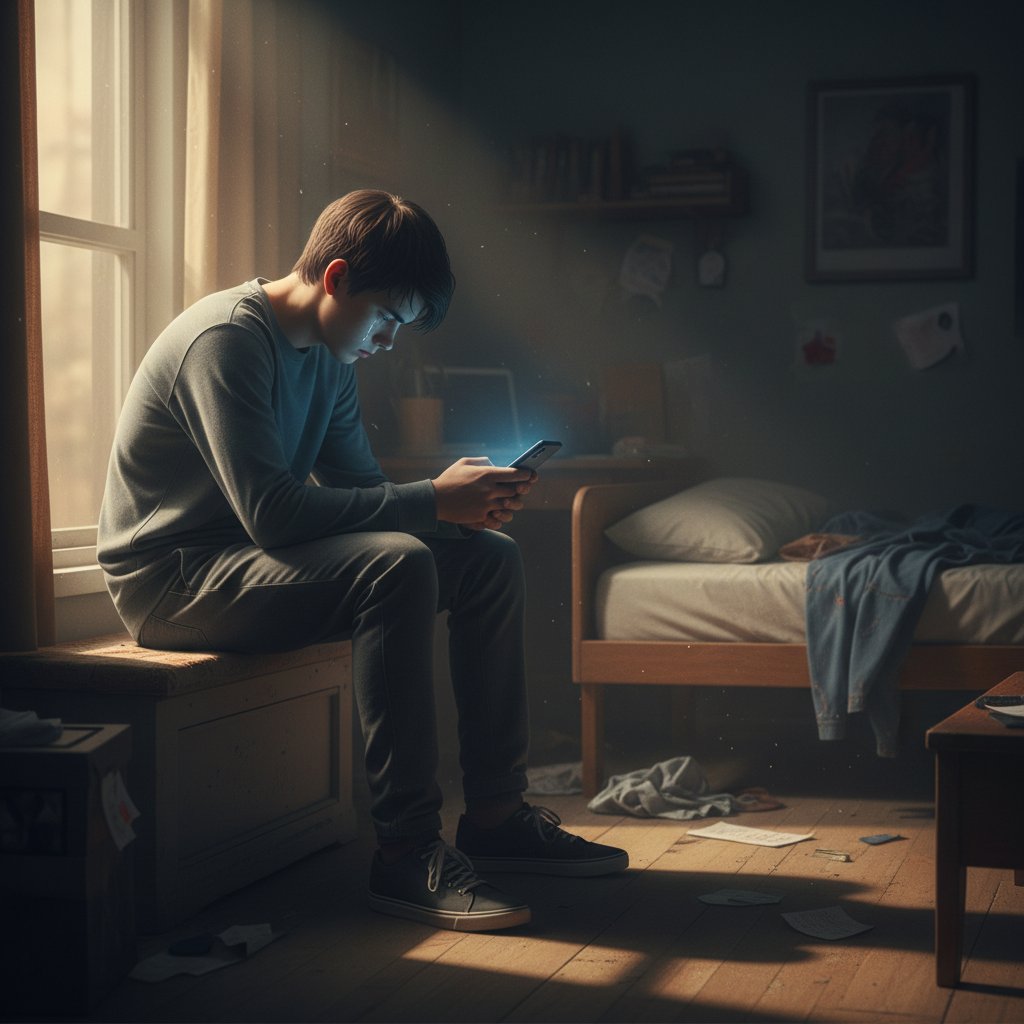 Nastolatek siedzący samotnie na łóżku, z telefonem w dłoni, światło z okna tworzy dramatyczny klimat
