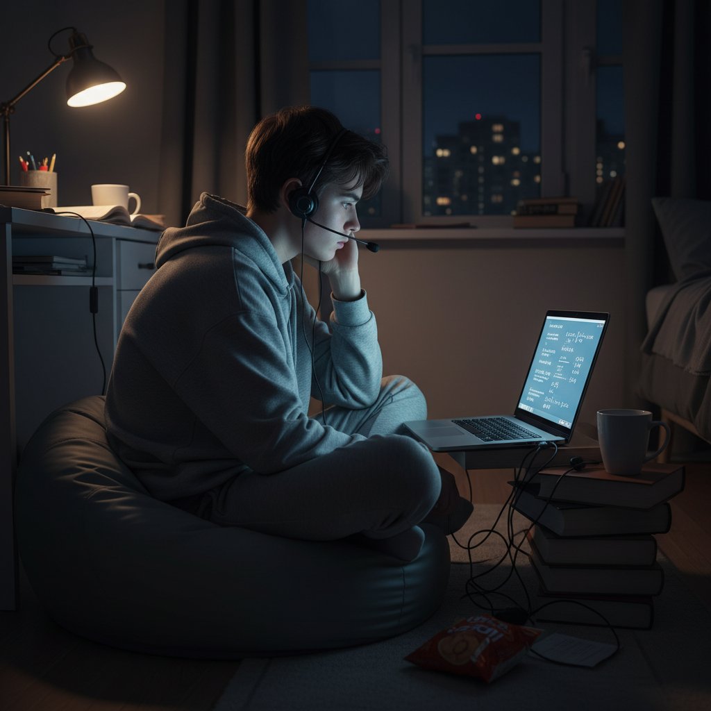 Samotny nastolatek uczący się matematyki online, wieczór, światło laptopa, zamyślony wyraz twarzy