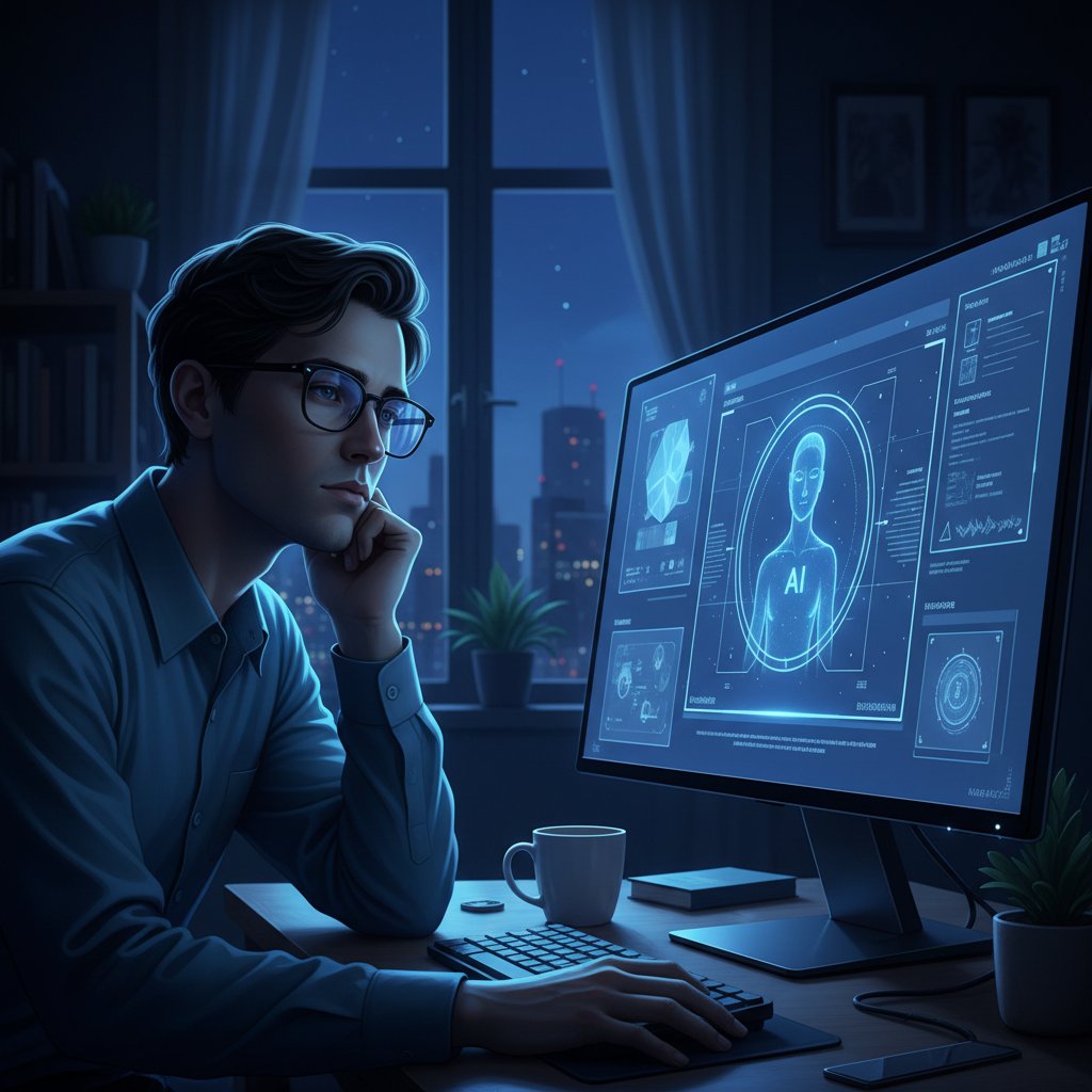 Samotny użytkownik AI, wieczór, ekran komputera odbijający się w okularach