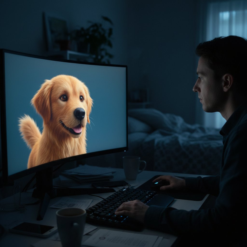 Samotny użytkownik przy komputerze z realistycznym cyfrowym psem na ekranie