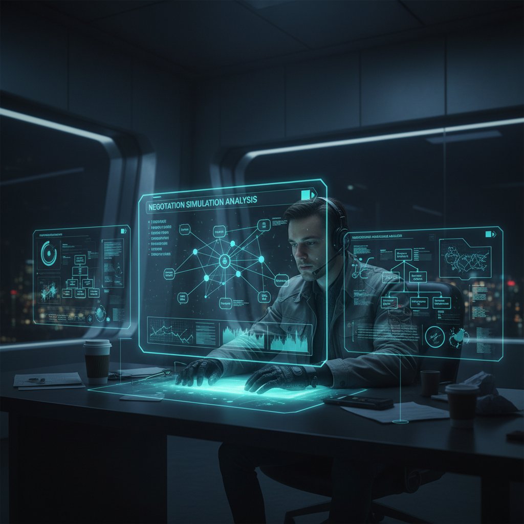 Samotny użytkownik analizuje wyniki symulacji negocjacyjnej w ciemnym pokoju