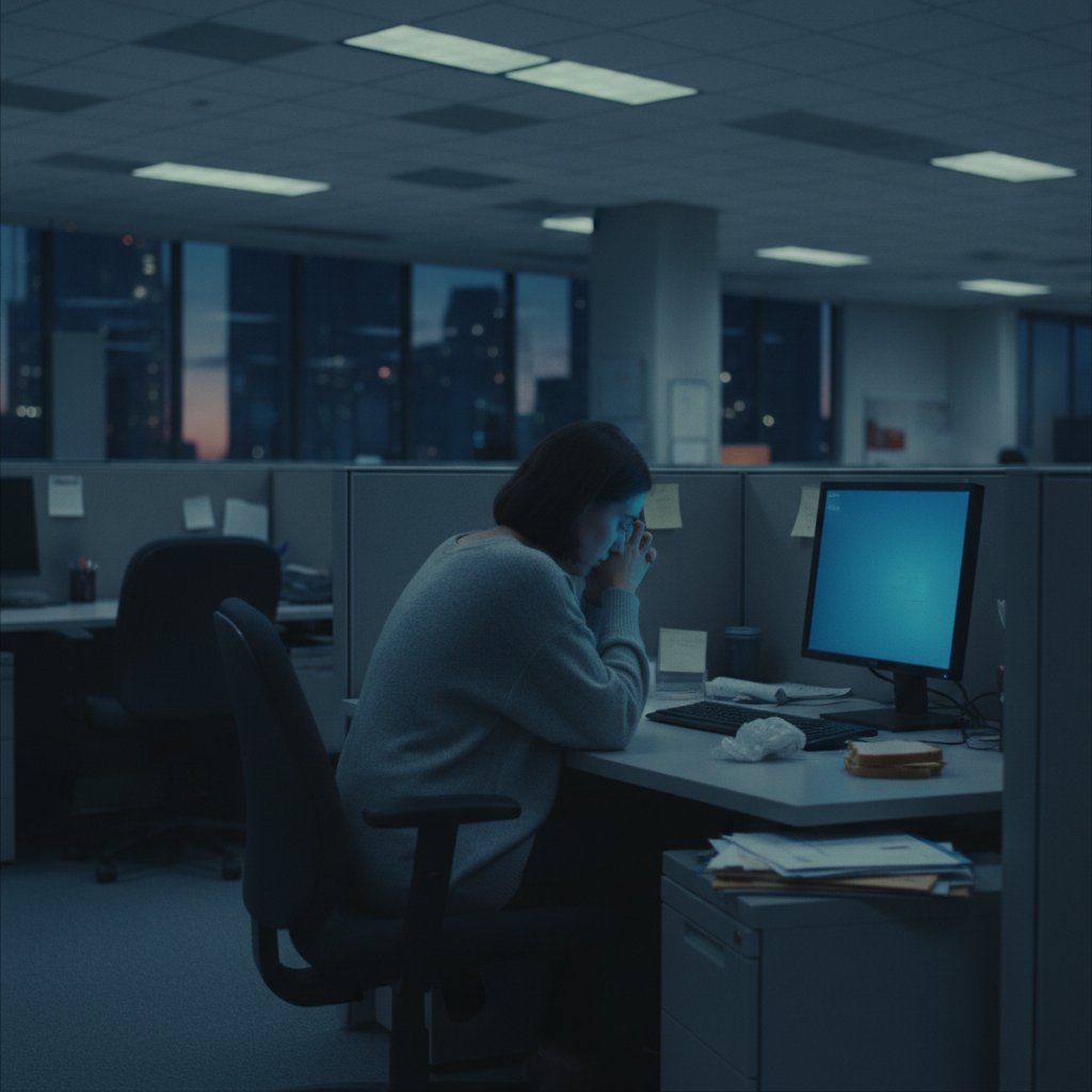 Samotna kobieta siedząca z boku w biurze, symbolizująca niewidzialną walkę z lękiem i izolacją