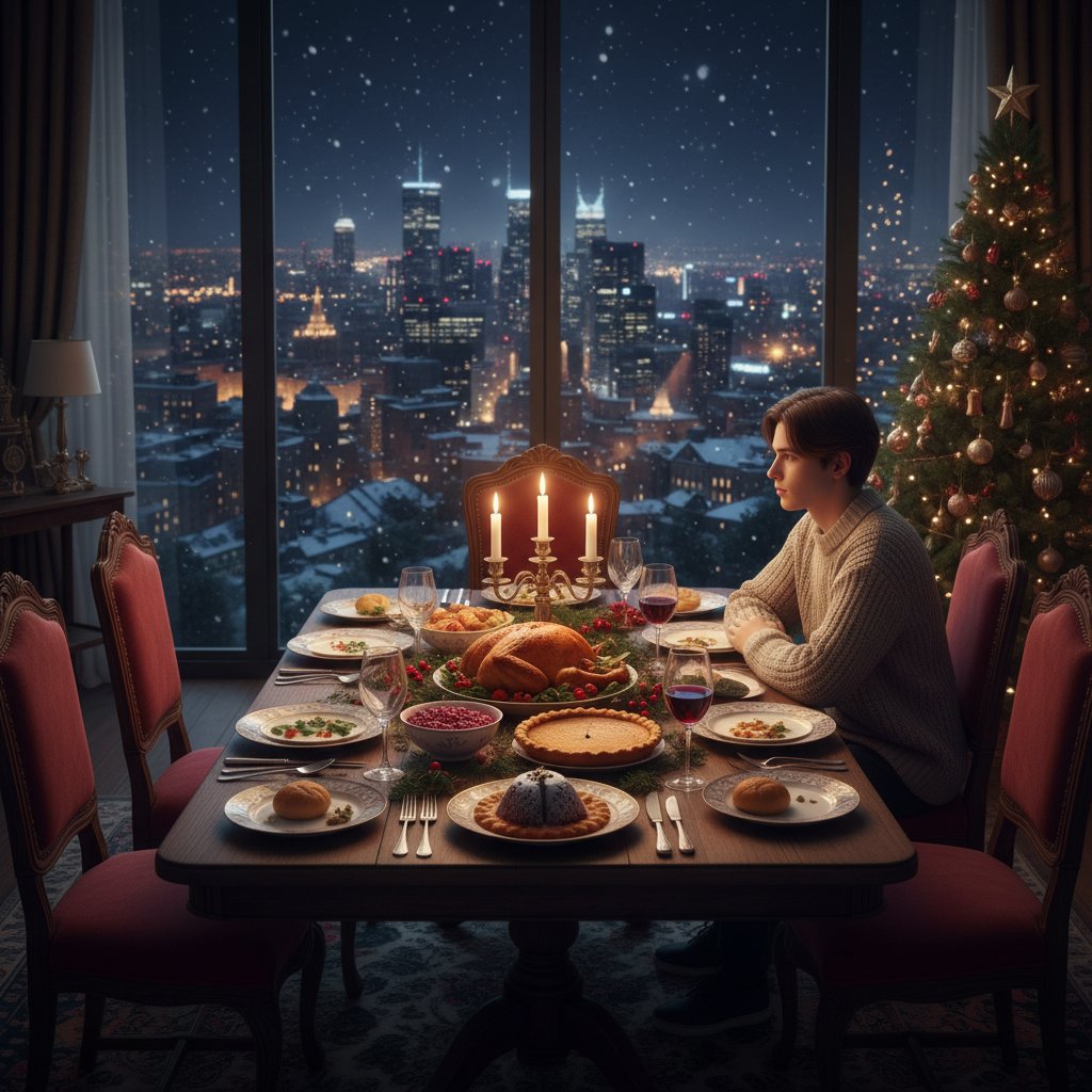 Samotny młody dorosły przy świątecznym stole, świąteczne dekoracje i miasto za oknem