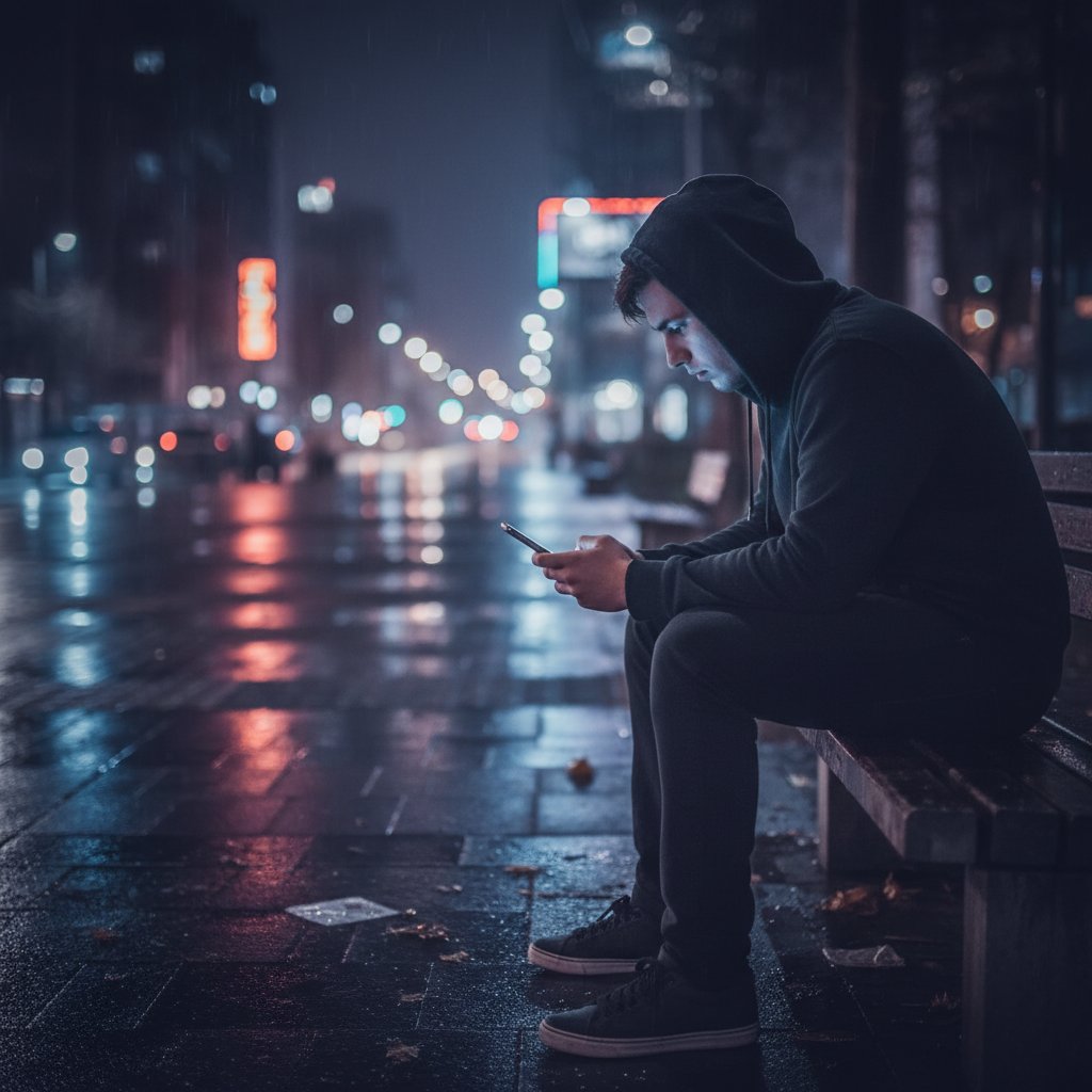 Samotny młody dorosły patrzący w ekran smartfona, nocna sceneria, klimat refleksji i izolacji, słowa kluczowe: samotność, wirtualny przyjaciel