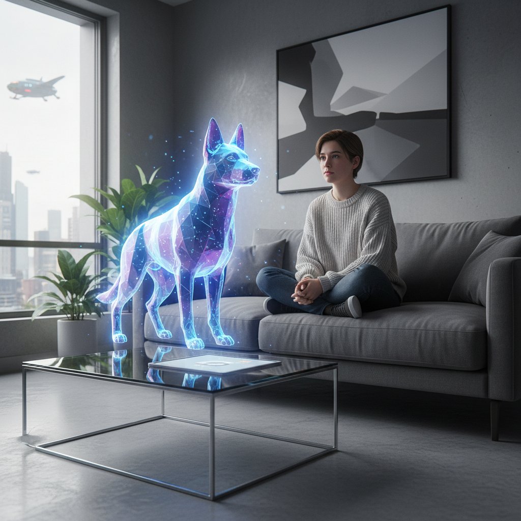 Samotny młody dorosły z telefonem, na którym wyświetla się wirtualny pies, w nowoczesnym mieszkaniu