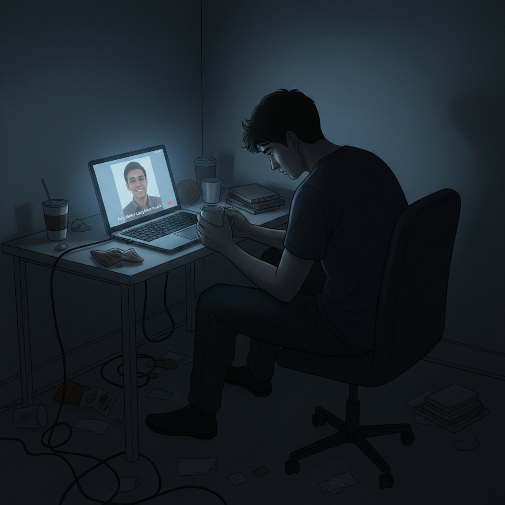 Samotny młody człowiek w ciemnym pokoju z laptopem; samotność, kumpel online