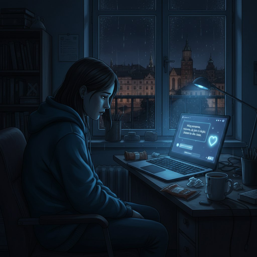 Samotna młoda osoba w ciemnym pokoju z laptopem, emocjonalne wsparcie AI, Polska, noc