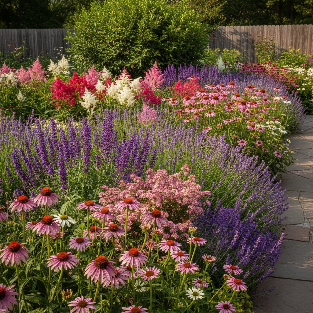 Byliny długo kwitnące: jeżówka, szałwia, tawuła, lawenda, astilbe na rabacie