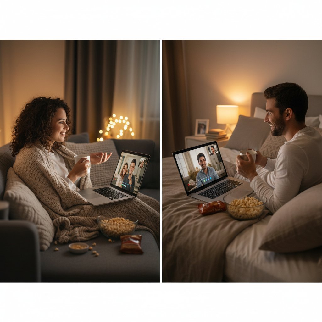 Long-distance couple watching movie together on laptops, video chat visible, cozy night setup