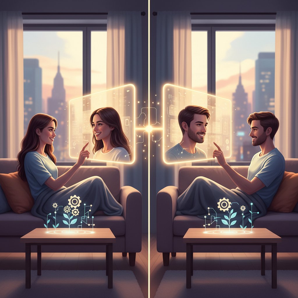 Two screens, each with a person reaching toward the camera. Visual split, warm light, illustrating long-distance relationship trust