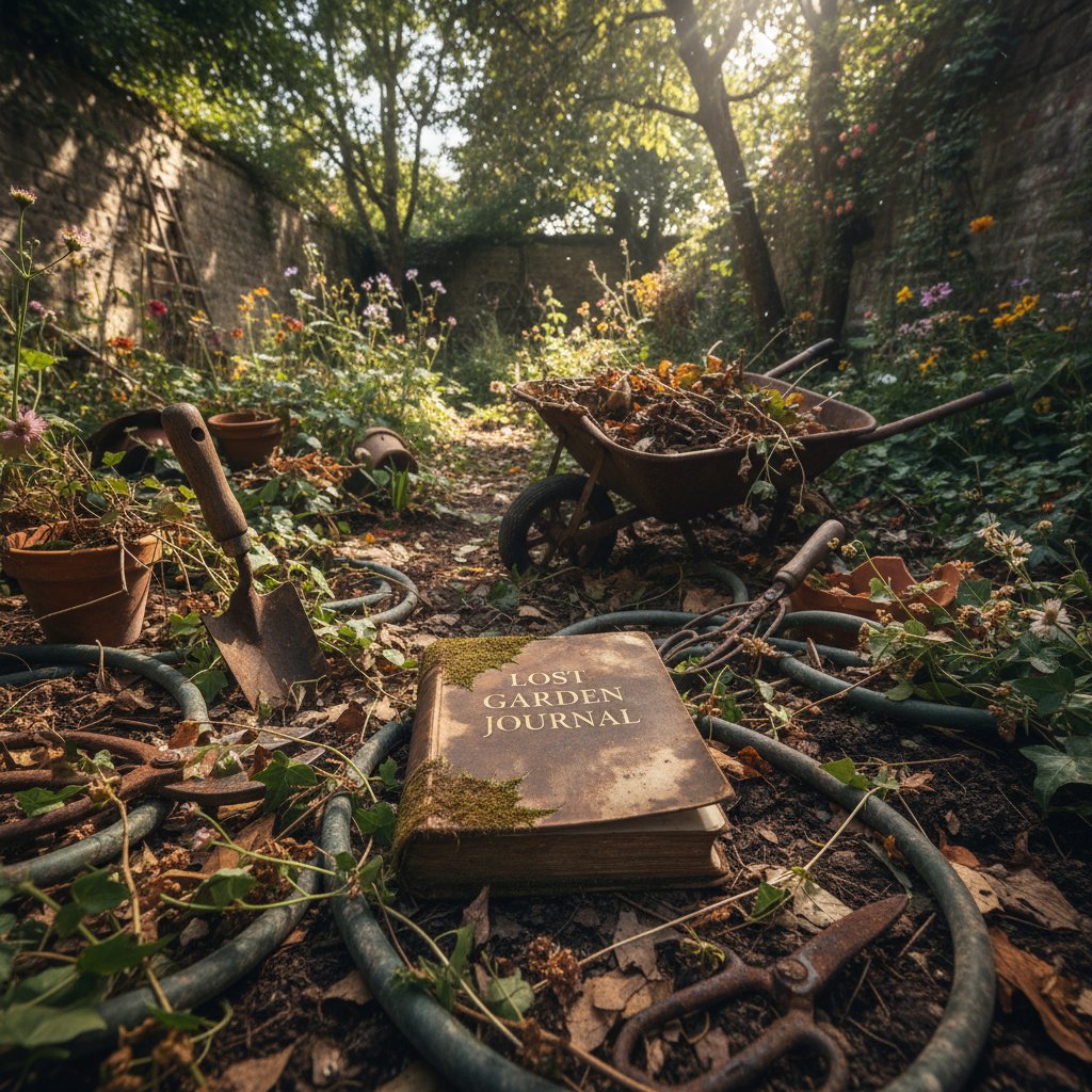 Zgubiony dziennik ogrodnika wśród narzędzi w ogrodzie, symbolizujący chaos i utratę danych