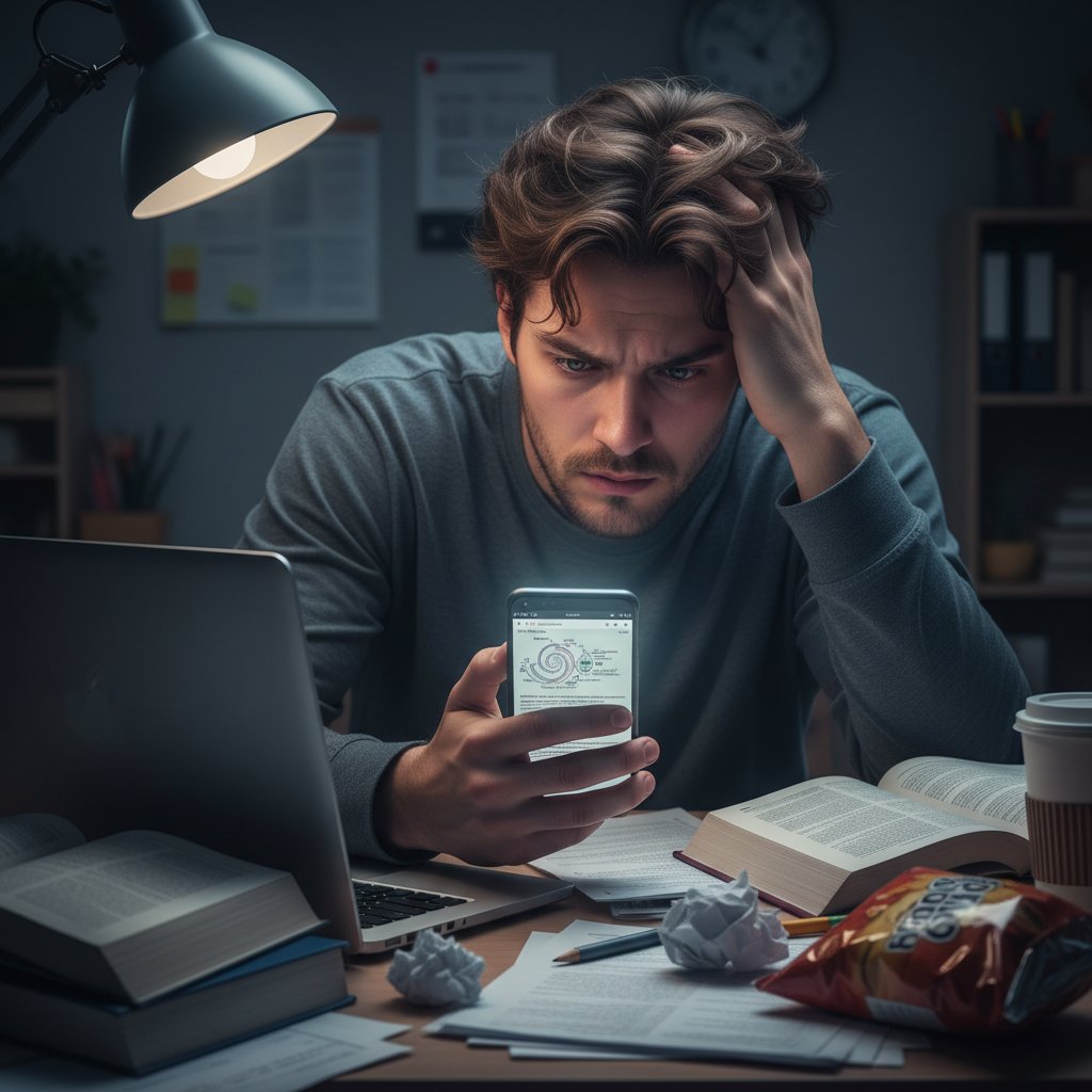 Zagubiony uczeń szukający informacji o biologii człowieka online, smartfon, stres