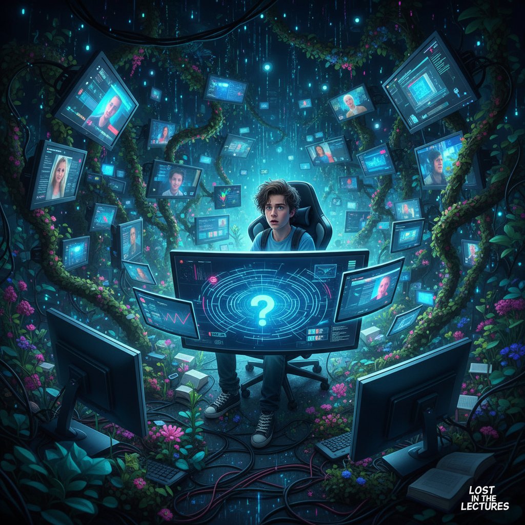 Zagubiony student w gąszczu ekranów, cyfrowy chaos, edukacja online, trudności z wyborem kursu