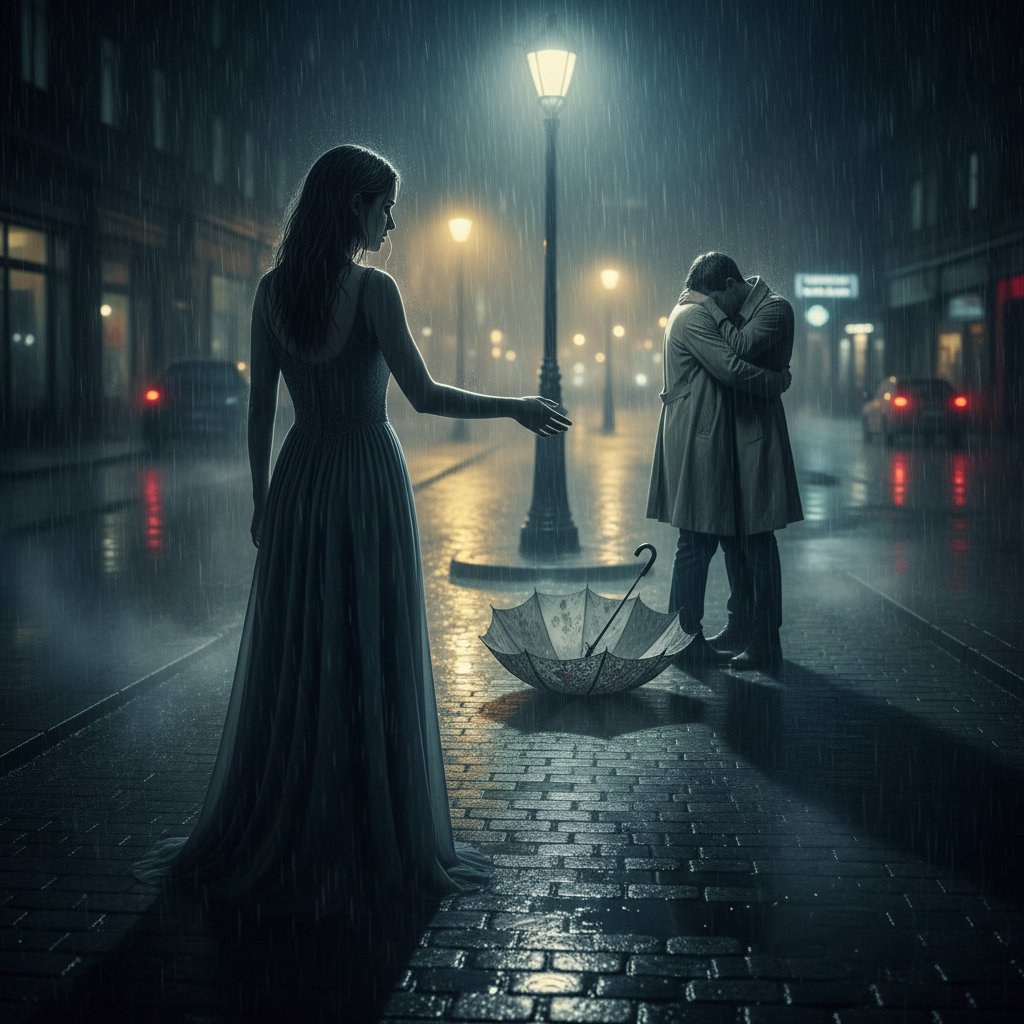 Rain-soaked scene of three separated figures, cinematic lighting, 16:9. Alt: Tragic love triangle movie ending with emotional intensity