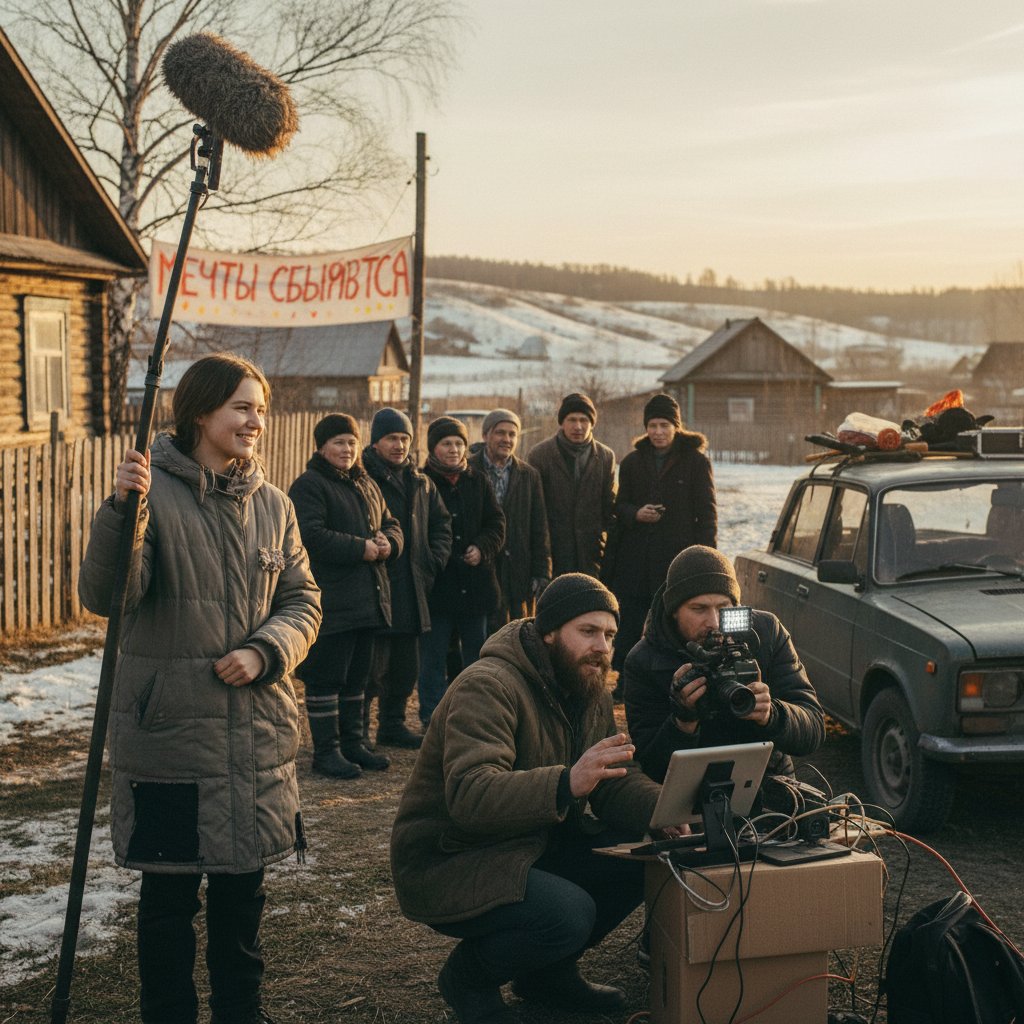 Low-budget Russian film crew on location in rural Russia, showing spirit and intimacy of indie movies