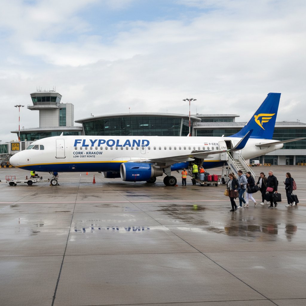 Samolot tanich linii na tle lotniska Cork, podróż z Polski, loty polska cork