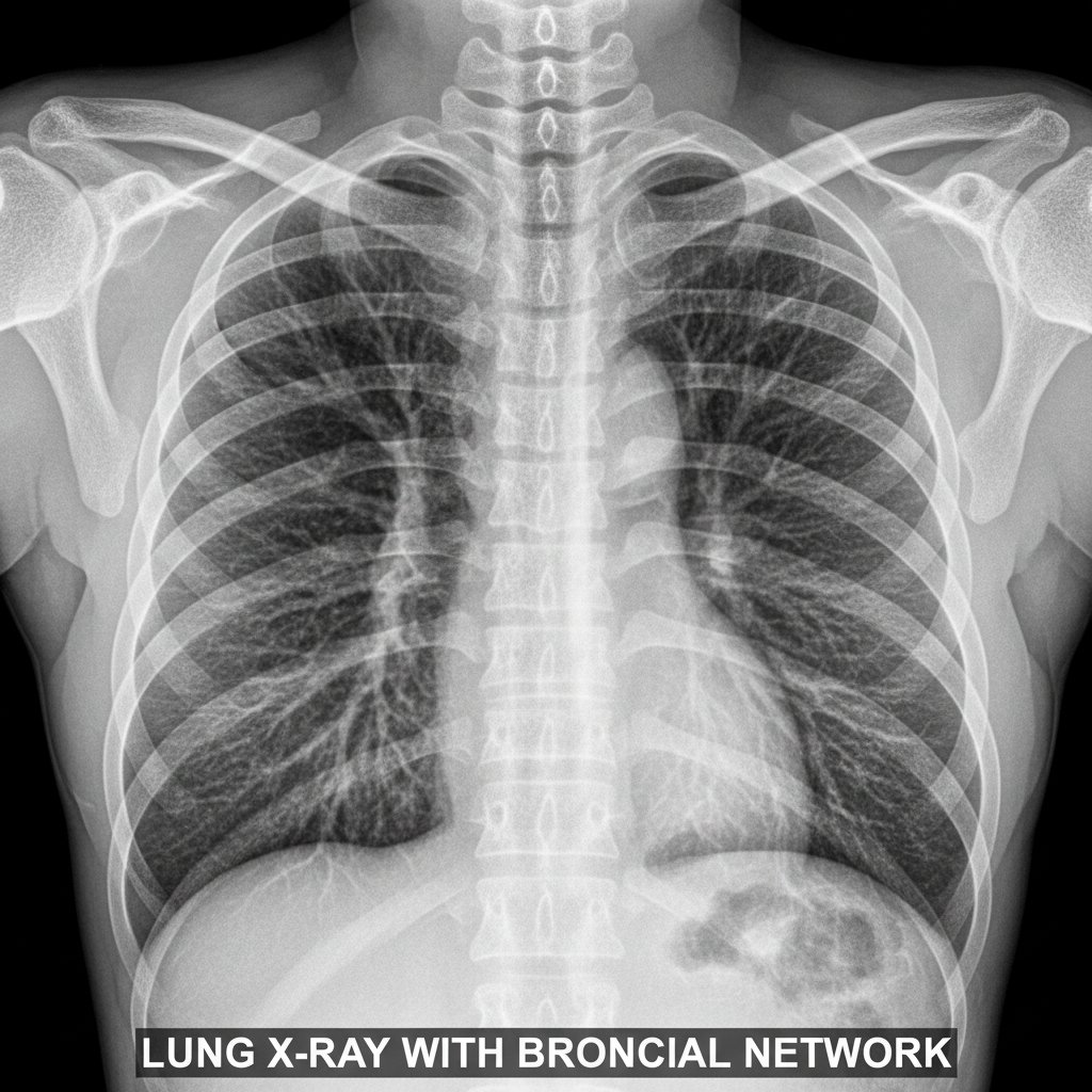 Zdjęcie rentgenowskie płuc z widocznymi oskrzelami