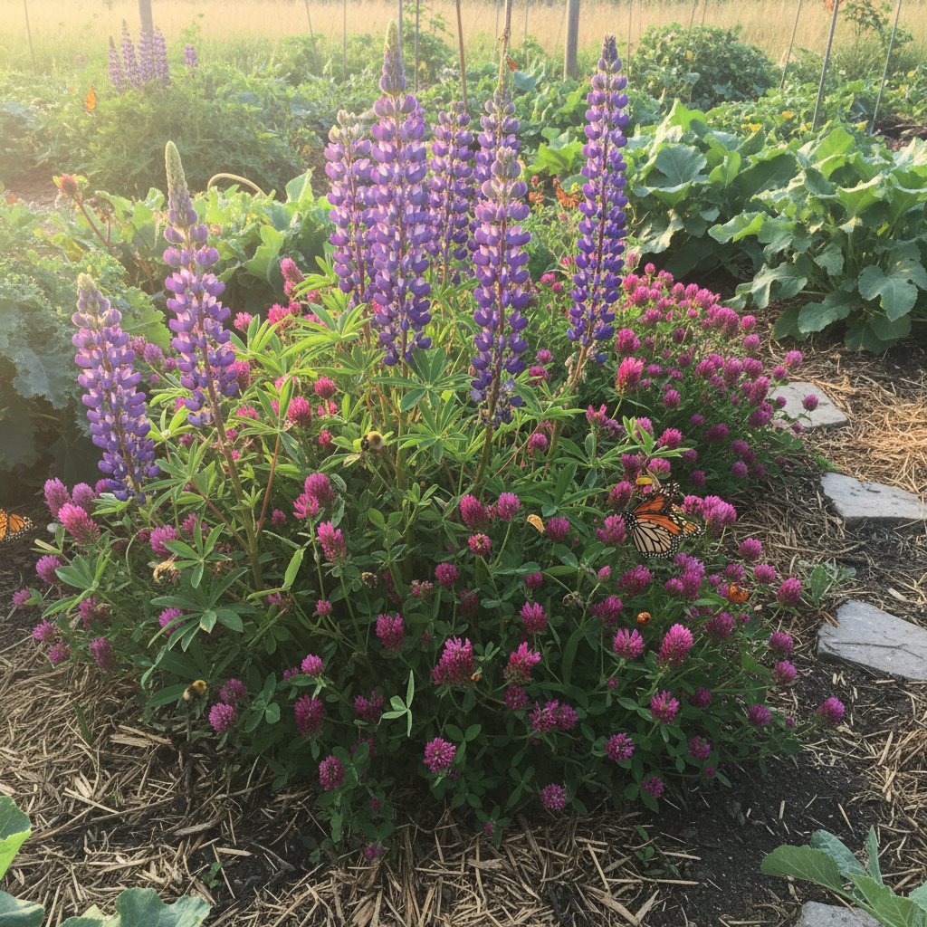 Zbliżenie na łubin i koniczynę w ogrodzie permakulturowym, z widoczną fauną