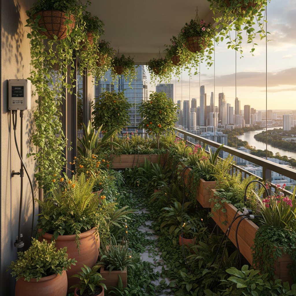Bujny balkon na 9. piętrze z automatycznym systemem podlewania