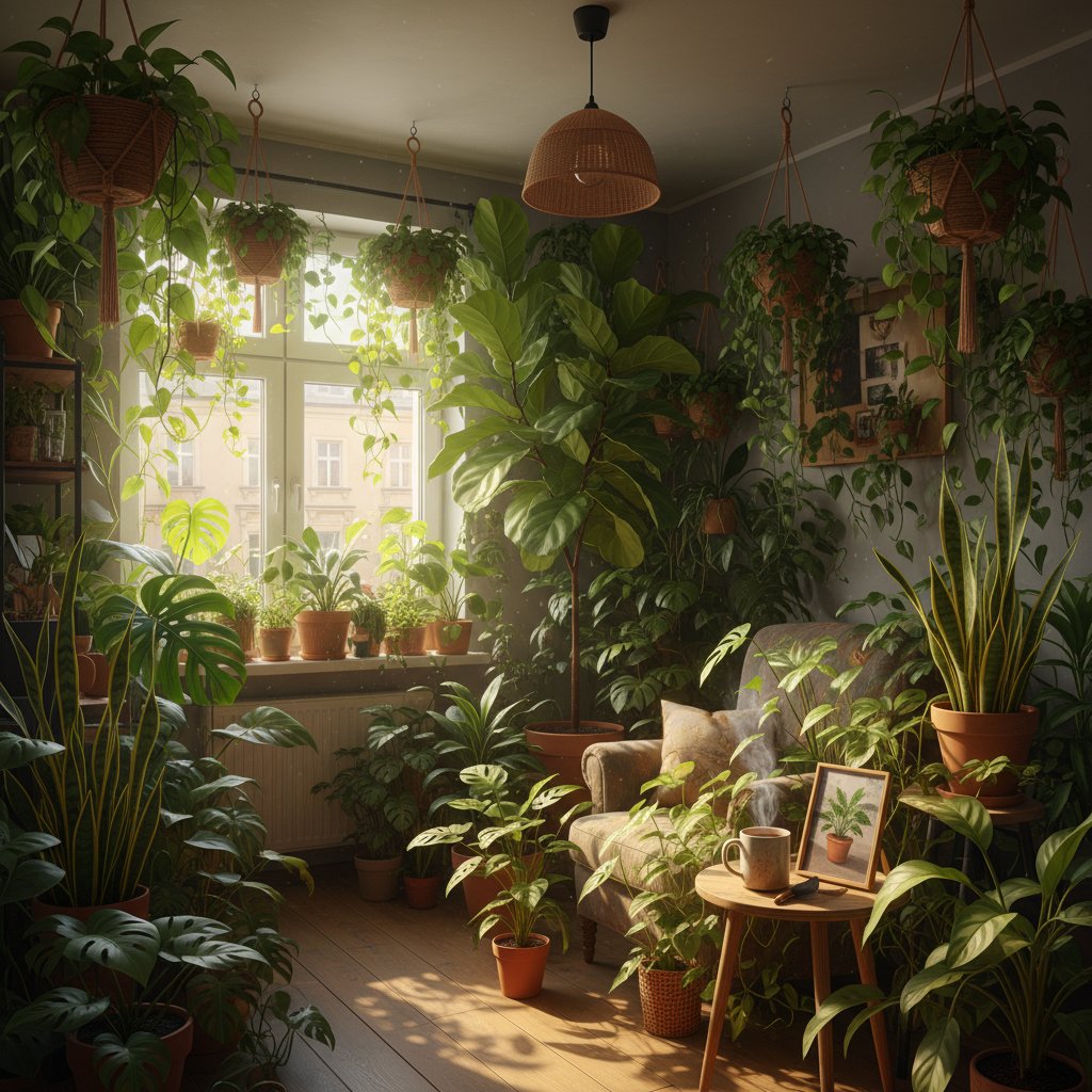Miejska dżungla w warszawskim mieszkaniu pełna zdrowych roślin doniczkowych, efekt konsekwentnej pielęgnacji