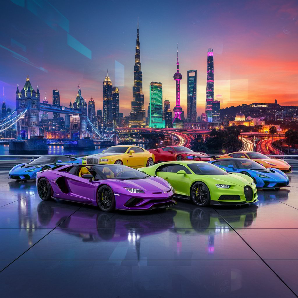 Montage of luxury cars in London, Dubai, Shanghai, LA, global luxury car financing trends