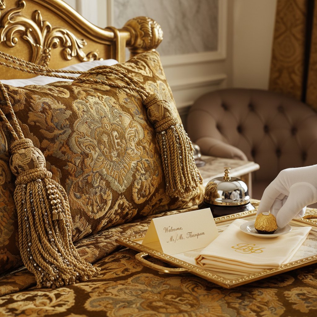 Detale luksusowego hotelu: złote klamki, wysokiej jakości tkaniny, dyskretna obsługa