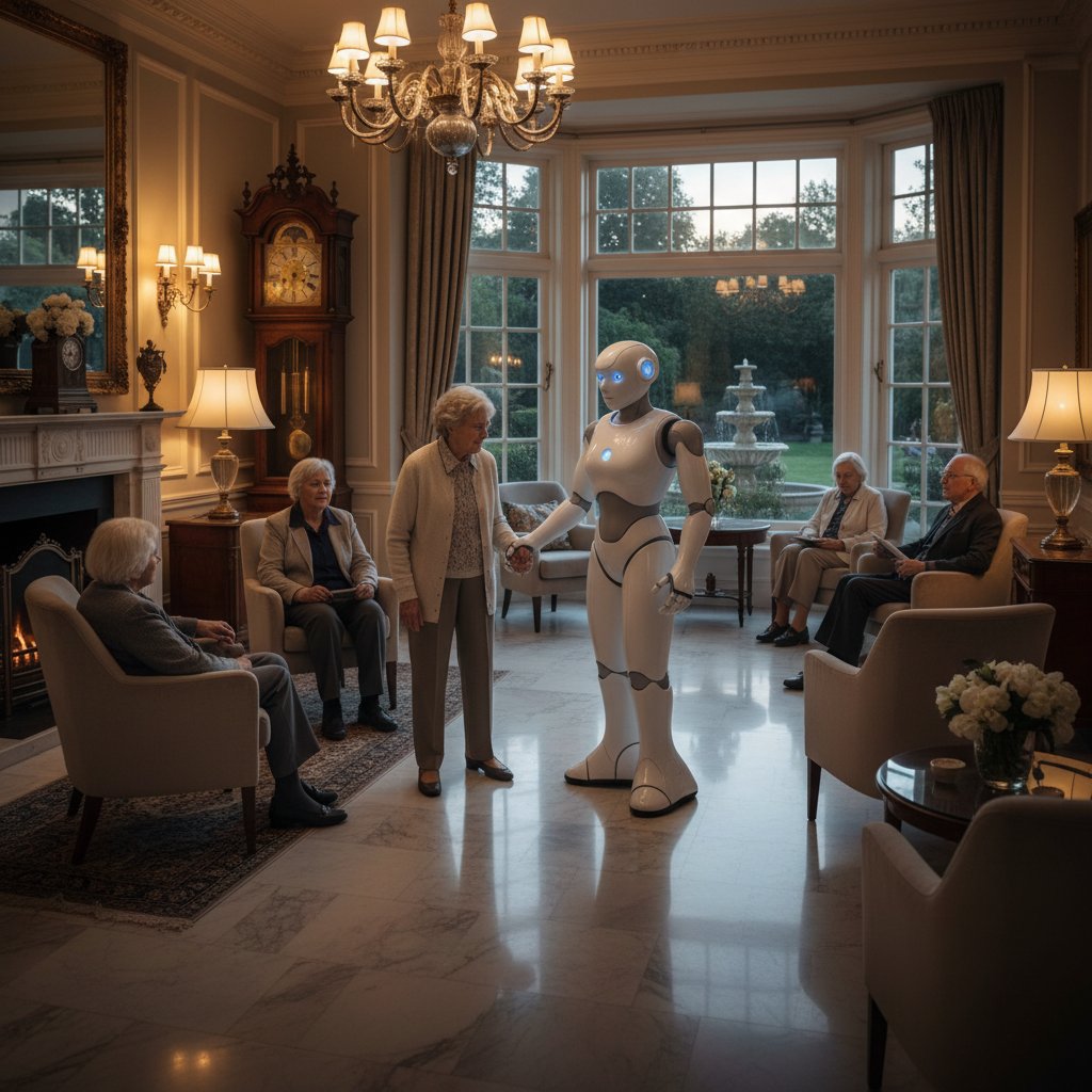 Luksusowy dom opieki z robotem, skromny ośrodek bez nowoczesnej technologii