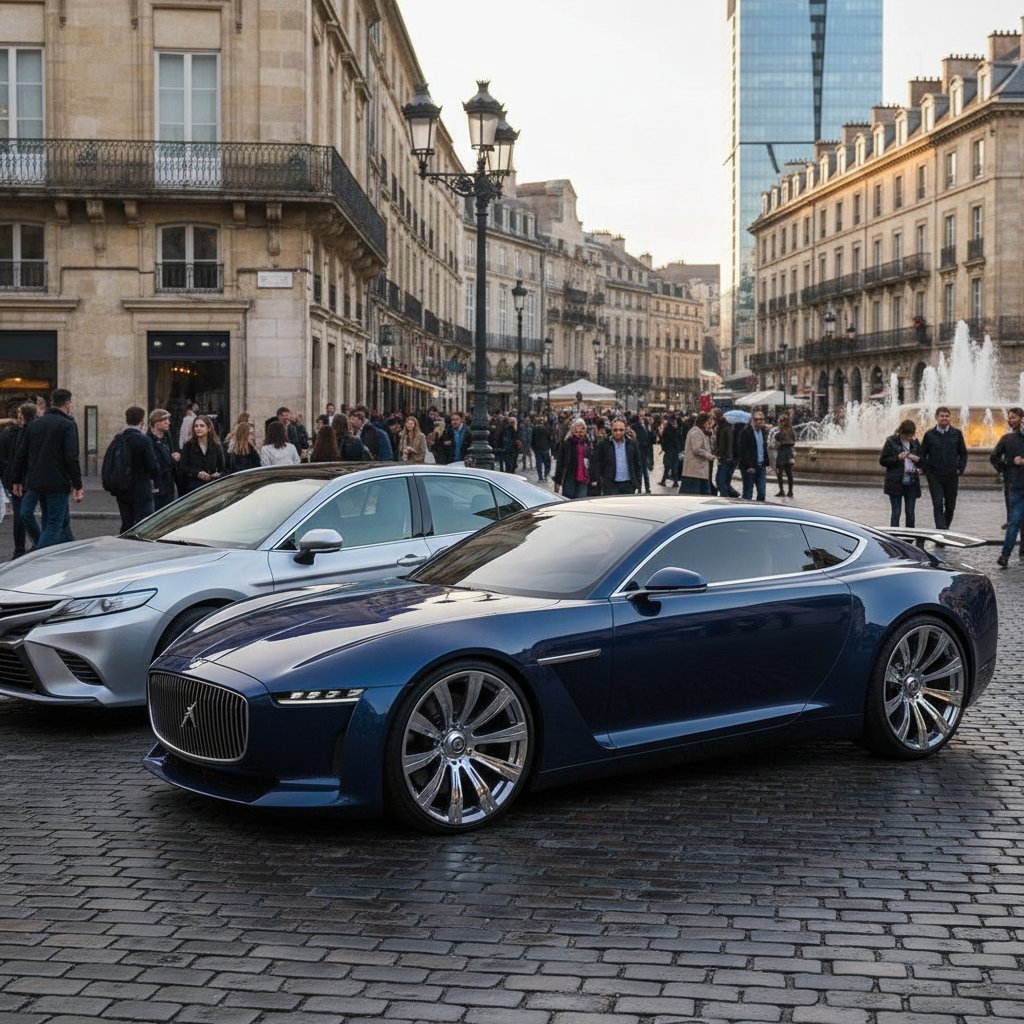 Luxury specialty vehicle side-by-side with standard car in urban setting.