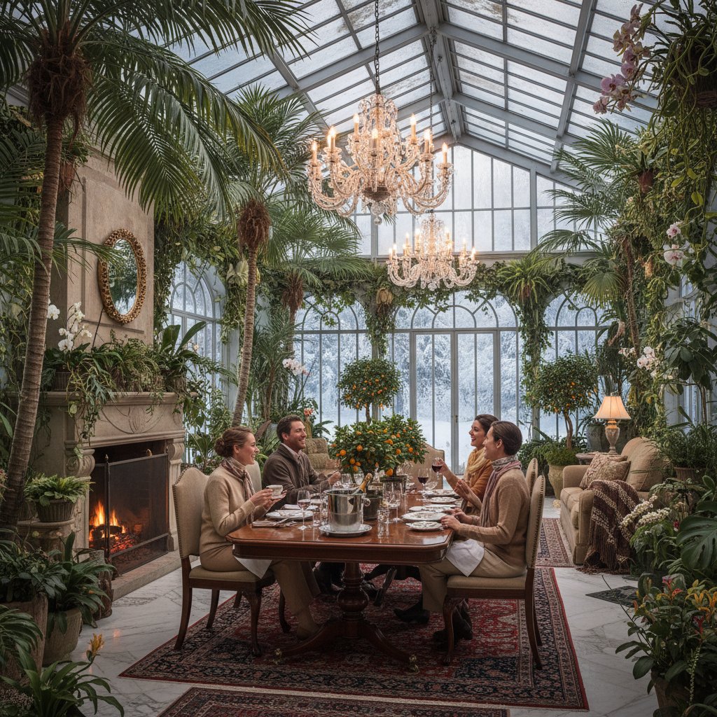 Luksusowy zimowy ogród z egzotycznymi roślinami, osoby rozmawiające przy stole