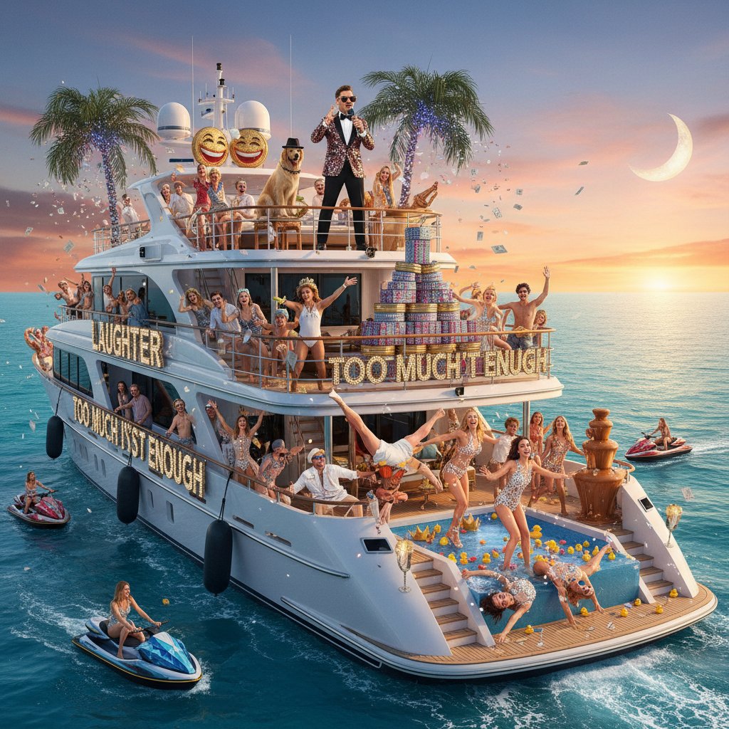 Characters at a decadent yacht party, exaggerated for comedic effect