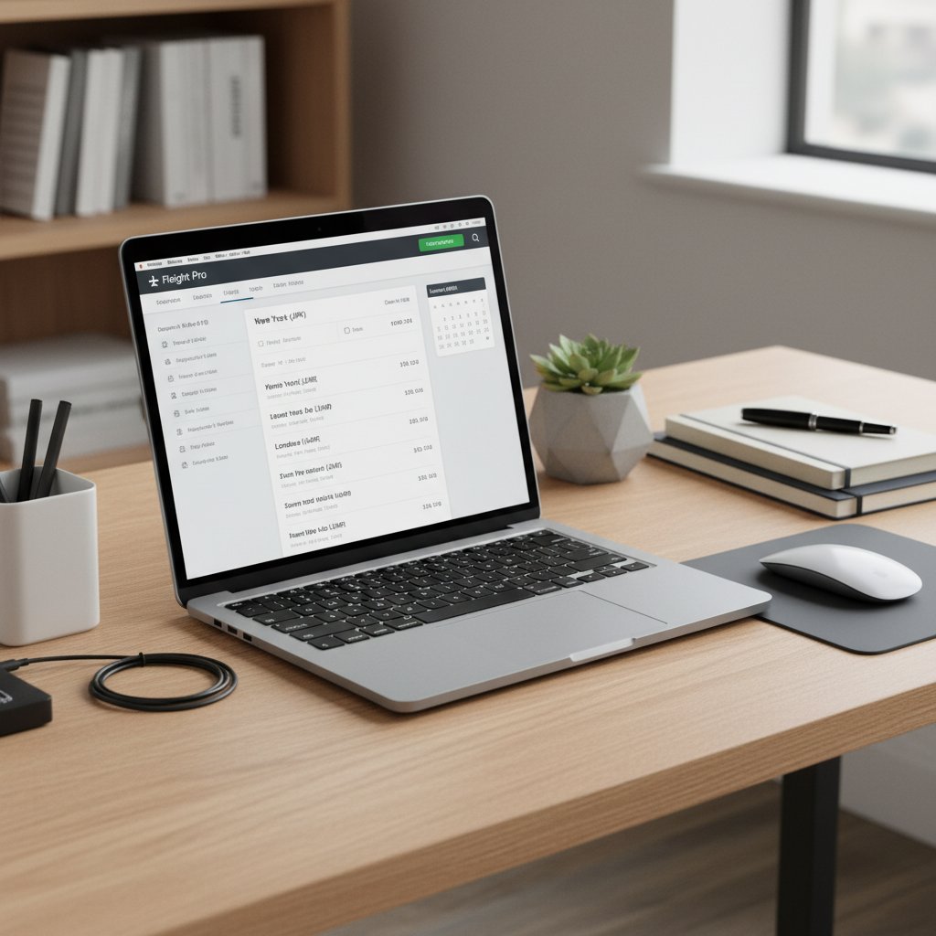 Photo of a MacBook Pro on a wooden desk, browser open to AI flight search, organized desktop setup